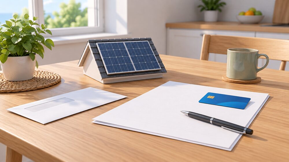 A small model of a rooftop solar panel stands on a kitchen table beside a blank contract and a credit card resting on the paperwork, with a pen and a bank statement envelope nearby, all lit by daylight from a window.