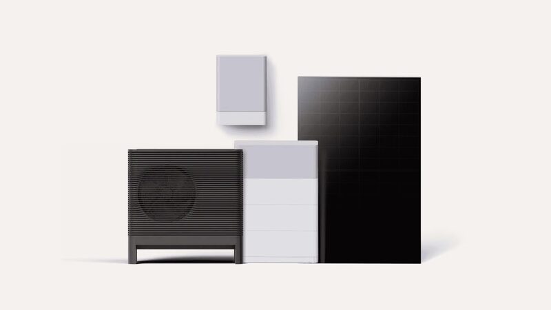 A product lineup of home energy equipment including a heat pump outdoor unit, wall-mounted battery units, a stacked battery cabinet and a solar panel on a plain background