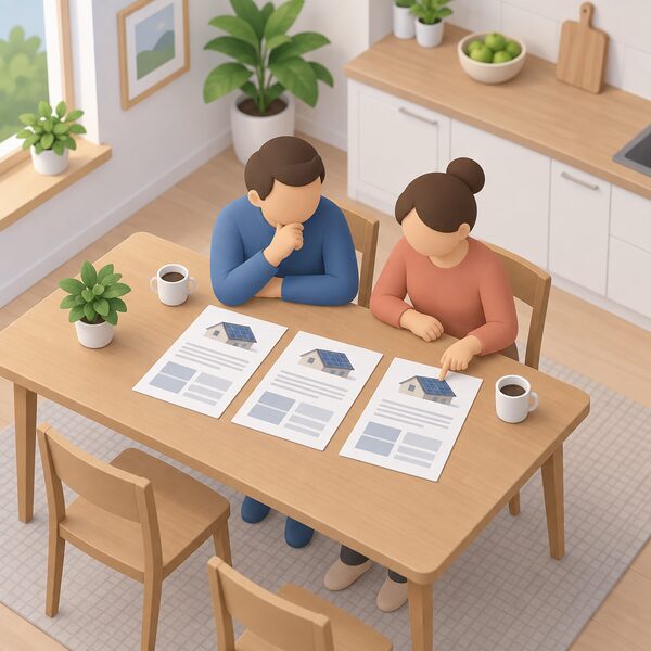 A household at a kitchen table at home comparing several printed installation quotes for a solar system, with the quote sheets spread out side by side and a simplified figure weighing them against each other.