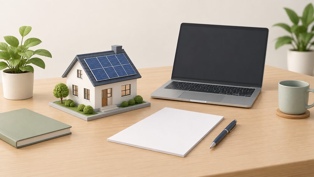 A small model house with solar panels on its roof sits on a table beside a laptop with a blank screen, a blank survey form and a pen, representing a household registering for a council group-buying scheme.