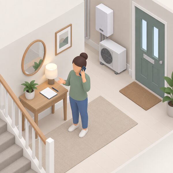 A simplified isometric householder standing in their hallway holding a phone to their ear, with a notepad of blank lines on the table beside them, phoning the installer to explain concerns about recently installed energy equipment as the first stage of the complaint process.