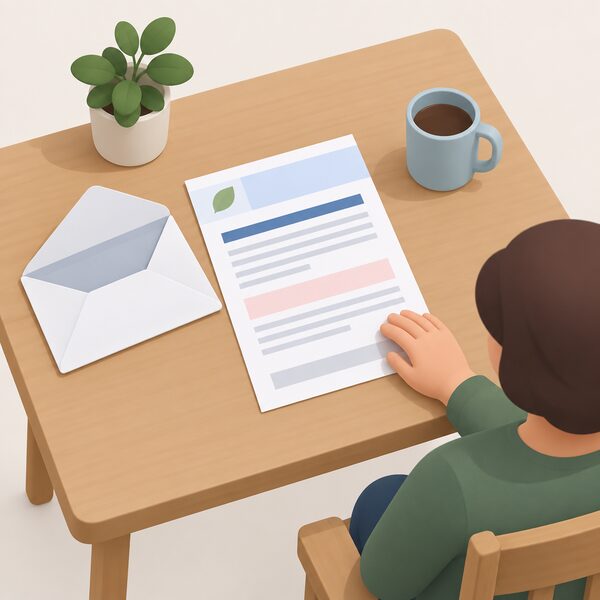 A closed envelope freshly opened at a kitchen table, with a printed deadlock letter from an energy supplier lying flat beside it, its content shown only as blank lines and plain colour bands, with a householder's hand resting on the page.