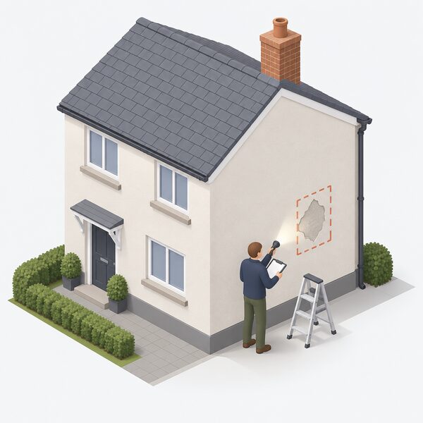 An auditor in plain clothing stands at the rendered external wall of a house, inspecting the insulation finish with a clipboard and torch, a small ladder nearby, while a section of damaged render is marked for repair.