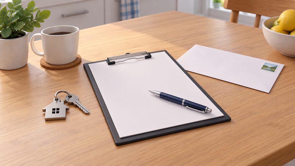A small tabletop arrangement showing the moment of writing a complaint: a blank letter on a clipboard with a pen resting on it, a stamped addressed envelope beside it, and a small house-shaped keyring or house key lying nearby, all on a plain kitchen table in daylight.