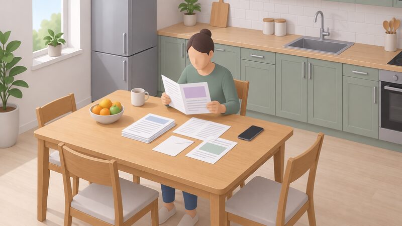 A homeowner seated at a kitchen table reading a printed complaints leaflet, with loose paperwork spread out and a mobile phone resting on the table beside them.