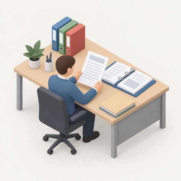 A simplified isometric auditor seated at an office desk reviewing a scheme provider's records, with ring binders and folders open on the desk and a printed audit sheet in hand, shown as blank lines and plain blocks with no readable content.