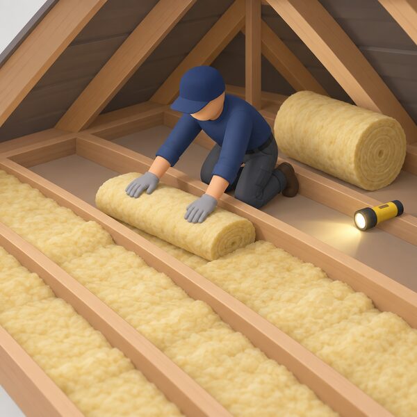 A TrustMark-registered installer in plain work clothing kneels between joists in a dim loft, unrolling a blanket of insulation and laying it snugly between the timber joists over the ceiling, with a torch and a roll of insulation beside them.
