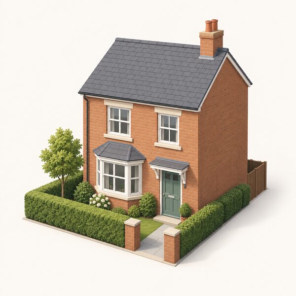A typical British domestic house shown simply, a two-storey brick terrace or semi-detached home with a pitched roof, front door, chimney and small front garden, standing alone to represent the domestic-only scope of the scheme.