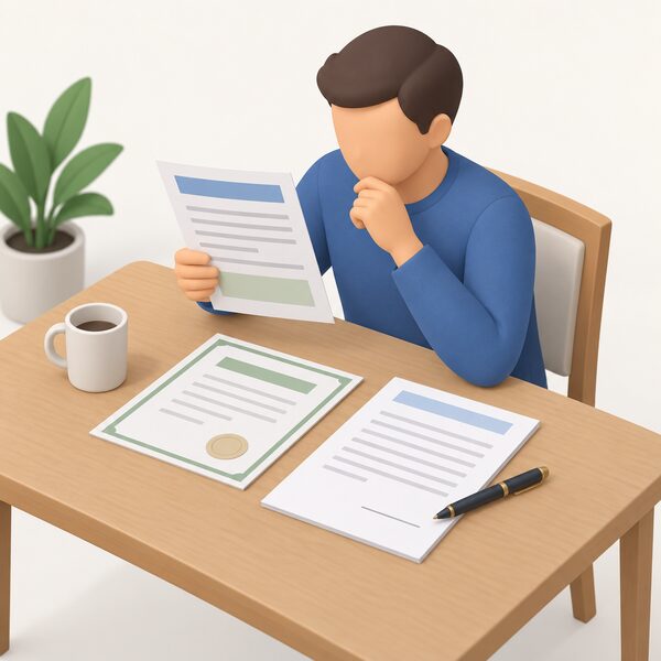 A homeowner at a table holds a printed registration document showing plain blank lines and colour bands, comparing it with a certificate laid flat beside a contract and pen, pausing before signing to confirm the business's registration details.
