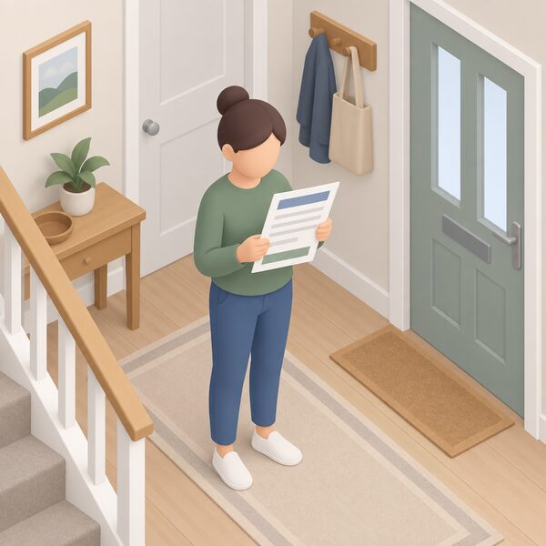 A simplified isometric homeowner standing in a home hallway holding and looking at a paper certificate of lodgement, a physical document with blank lines and plain colour bands standing in for its content including the unique measure reference, kept safe in the home.