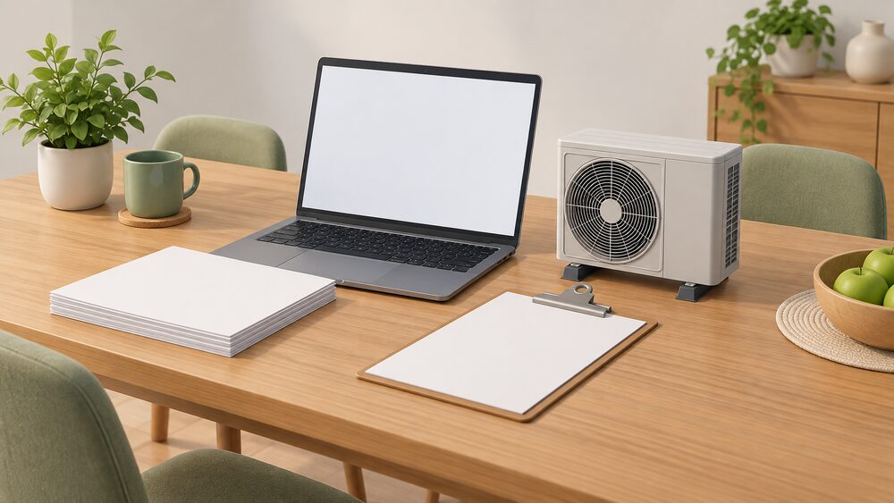 A kitchen table with a laptop showing a blank screen, a stack of blank paperwork and a clipboard beside a small model of an air source heat pump, representing a household checking a firm's registration before grant-funded installation work.