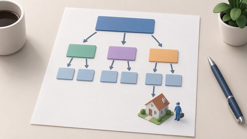 A simple flow diagram drawn as a printed sheet showing a top-level block for TrustMark, arrows down to two or three scheme provider blocks, and further arrows down to installer business blocks, one of which connects to a small house icon representing work in homes.