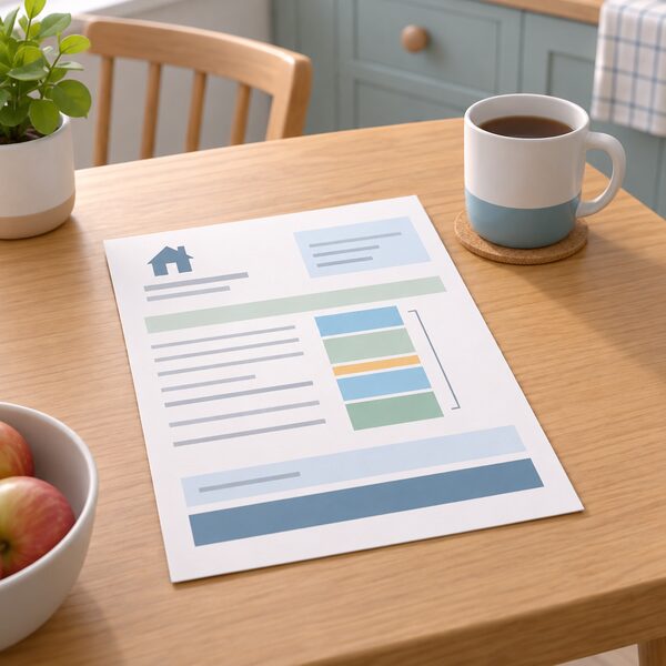 A paper household energy bill lying on a kitchen table beside a mug, drawn as a physical document with plain colour bands and blank lines, one band clearly marked only as a small 5% block within the charges section, with no readable words or figures anywhere on it.
