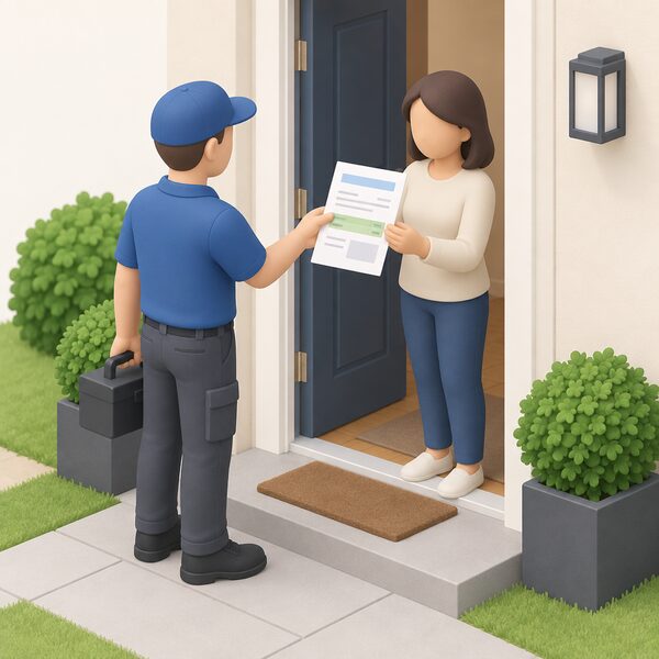 An installer in plain work clothes hands a printed quote sheet to a householder at their front door, the paper showing a plain colour band for the VAT rate and a block for the resulting amount, both with blank lines instead of figures.