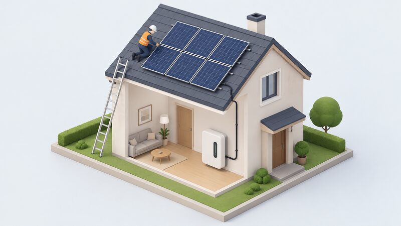 A single combined installation shown as one job: an isometric installer fitting solar panels on a house's pitched roof while a battery unit is mounted on an inside wall of the same property, with a simple cable route linking the roof array to the indoor battery.