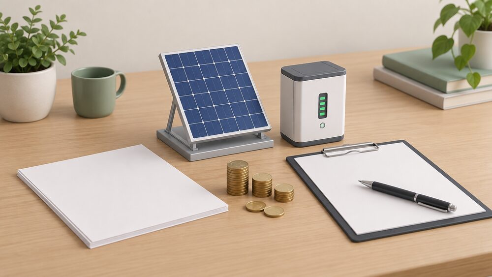A small model of a rooftop solar panel with a battery storage unit beside it, placed on a table next to blank quote paperwork, a clipboard with a pen, and a few coins, all arranged as a household reviewing an installation quote.
