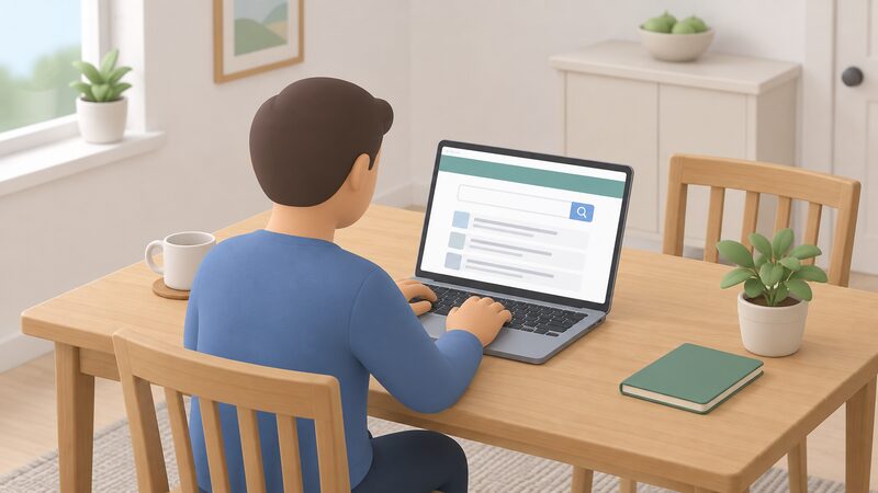A householder at a table typing a business name into a search field on a laptop screen showing the Competent Persons Register, with a blank search box and plain result lines and no readable text.