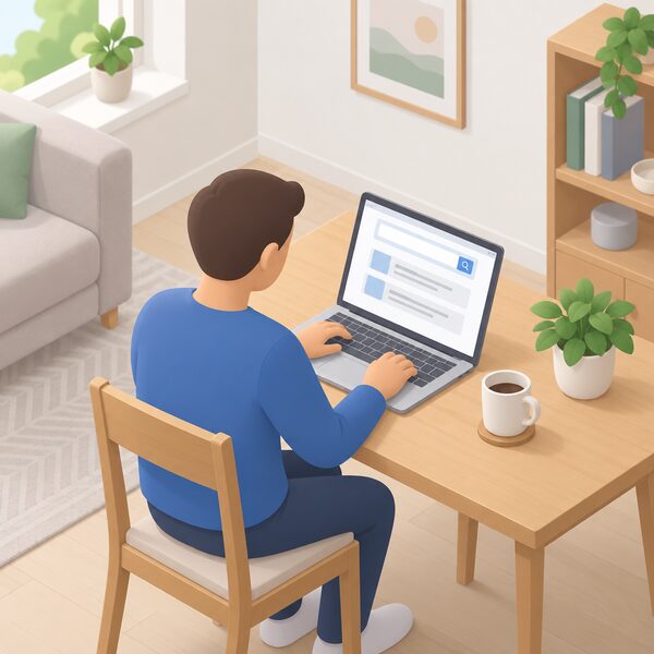 A laptop on a table in a home setting, screen showing a plain webpage with blank search fields and simple result blocks, with a simplified isometric figure seated and using it to check the register.
