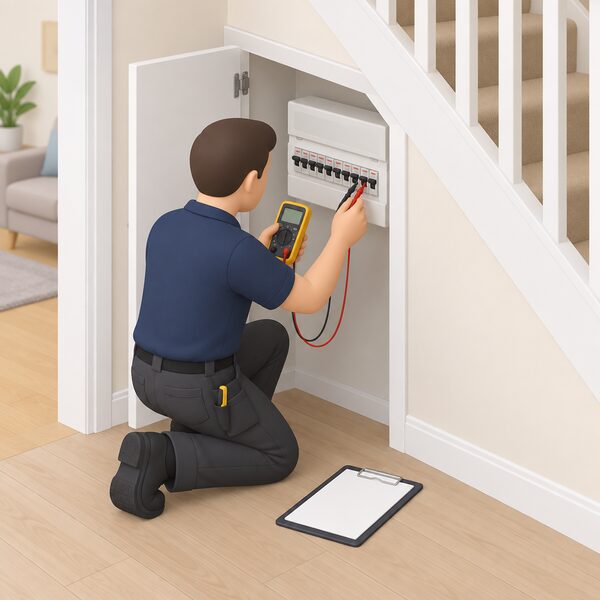 A registered electrician in plain work clothing kneels at an open consumer unit under a staircase in a home, testing the wiring with a handheld tester while a clipboard of blank paperwork rests nearby, showing a periodic inspection of a property's electrical installations.
