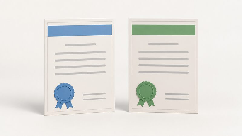 Two separate certification body registration certificates displayed side by side as distinct physical documents, each with its own plain colour band and blank lines, shown as two clearly separate schemes rather than one combined document.