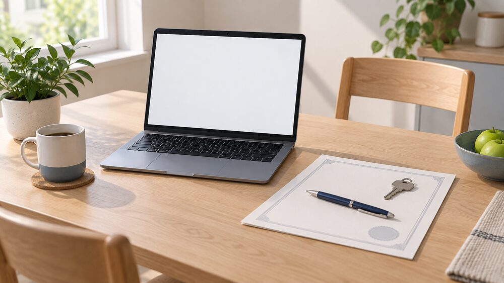 A kitchen table in daylight with an open laptop showing a blank screen, a blank certificate-style document beside it, a pen, and a house key resting on the paperwork, suggesting a householder checking an electrician's registration before signing anything.