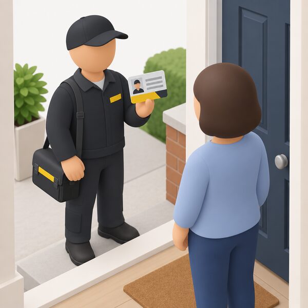 A Gas Safe registered engineer at a front door holding up their ID card so a householder can check it, the card shown as a physical object with a photo area and blank lines and colour bands standing in for the list of qualified gas work.