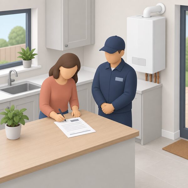 A householder and an installer stand at a kitchen worktop where the completed Benchmark Checklist lies as a paper document, the householder signing it with a pen while the installer waits, the newly installed boiler visible on the wall behind them.