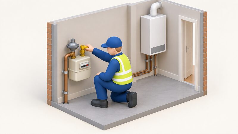 An engineer at a domestic gas meter, turning the isolation valve to shut off the supply before boiler removal, with the house's old boiler visible in the background.