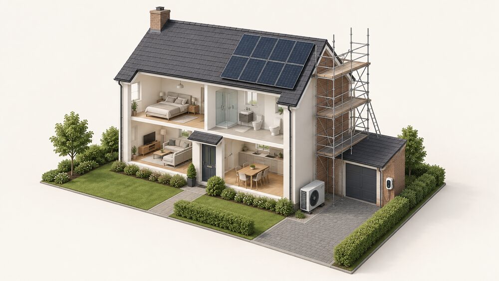 A house on installation day with scaffolding against one wall, solar panels fitted on the pitched roof slope, an air source heat pump unit standing on the ground outside, and a wallbox charger mounted on the external wall beside the drive.