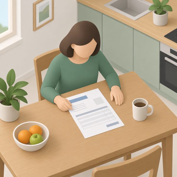 A paper installer invoice lying on a kitchen table in a home, held flat by one hand while the other hand rests beside it, drawn as a physical document with blank lines and plain blocks so no words or figures are readable.