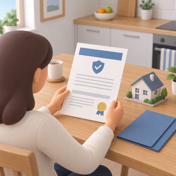 A homeowner's hand holding an insurance-backed guarantee certificate at a kitchen table, the printed sheet shown with blank lines and plain colour bands, beside it a small model house and a plain document folder, conveying that the promise is backed by an insurer rather than the installer.