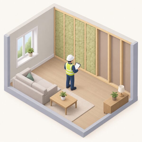 A replacement installer, shown as a small isometric figure with a clipboard, stands in a home beside a part-completed wall insulation job, inspecting the unfinished section and the surrounding wall to identify what measures are needed to complete the work.