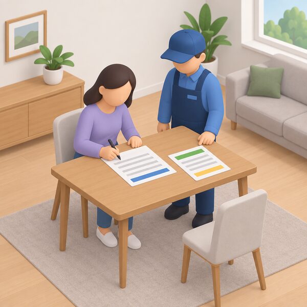 A householder seated at a table in their home signing a paper installation contract with a pen, a second simplified figure of the installer standing beside the table, with a plain notice sheet showing the 14 day cancellation right as blank lines and colour bands lying on the table.