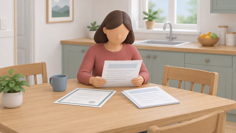 A householder seated at a kitchen table reading a claim form, with the installation certificate and handover paperwork laid out alongside for reference.