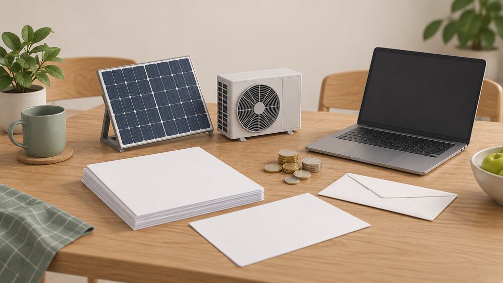 A kitchen table with a small model of a solar panel and a heat pump beside a stack of blank paperwork, a sealed envelope, a handful of coins and a blank-screen laptop, representing a household sorting out a failed installer's deposit and guarantee documents.
