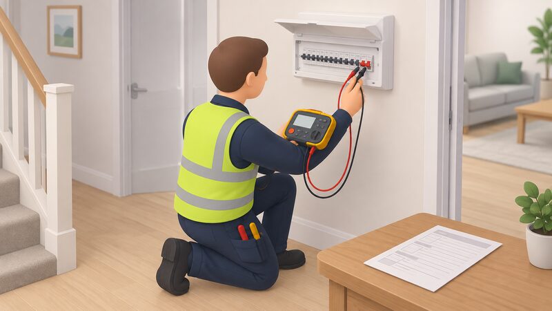 A registered electrician kneels in front of a modern consumer unit on a wall, testing it with a multifunction tester whose leads are connected to the unit's circuits, with a completed Electrical Installation Certificate form lying on a nearby surface.