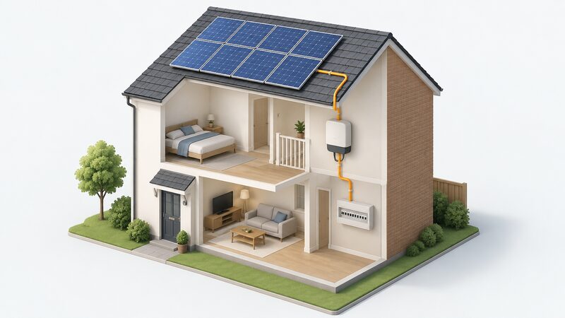 A cutaway view of a house showing a rooftop solar panel array on the roof, with an inverter and a consumer unit visible inside the building, connected by simple cable runs between the three.