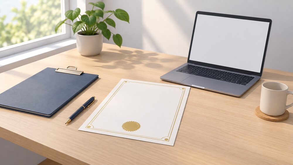 A small tabletop arrangement showing the moment after electrical work is finished: a blank certificate document lying on a table beside a closed clipboard and a pen, with a laptop showing a blank screen nearby, all lit by plain daylight from a window.