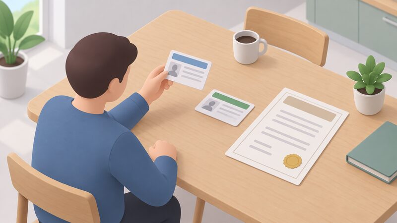 A flat-lay scene on a table showing two plain registration cards, one from each of two electrical certification bodies, lying beside a business registration certificate, with a simplified householder figure holding one card to check it.