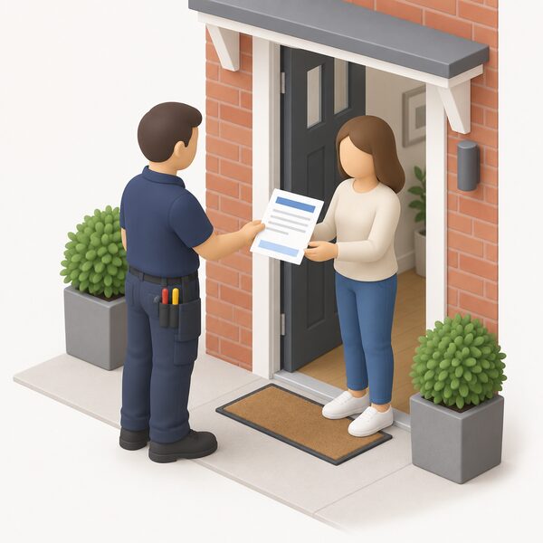 A registered electrician in plain work clothing handing a paper Electrical Installation Certificate with blank ruled lines to a householder at the front door of a home, the document shown as a physical sheet with plain colour bands and no readable content.