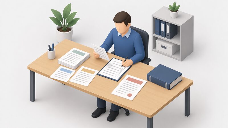 A scheme assessor seated at an office desk reviews an electrician's test results and safety certificates laid out as physical papers, with a current standards book beside them, checking the documents against blank-lined record sheets as part of an annual assessment.
