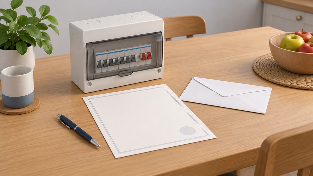 A blank certificate and paperwork lying on a kitchen table beside a sealed envelope, a pen and a small model of a domestic consumer unit, representing the compliance certificate a registered electrician posts to the householder after completing notifiable electrical work.