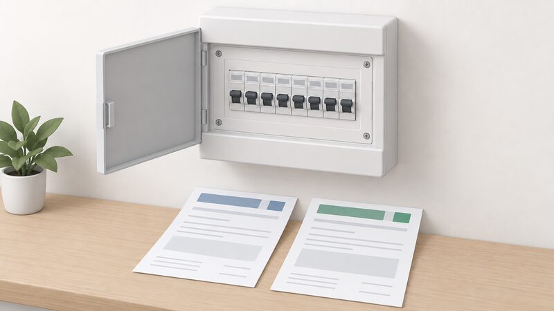 A wall-mounted consumer unit with its door open beside two paper certificates lying on a nearby surface, one an Electrical Installation Certificate and one a Building Regulations Compliance Certificate, each shown with blank lines and plain blocks instead of readable content.
