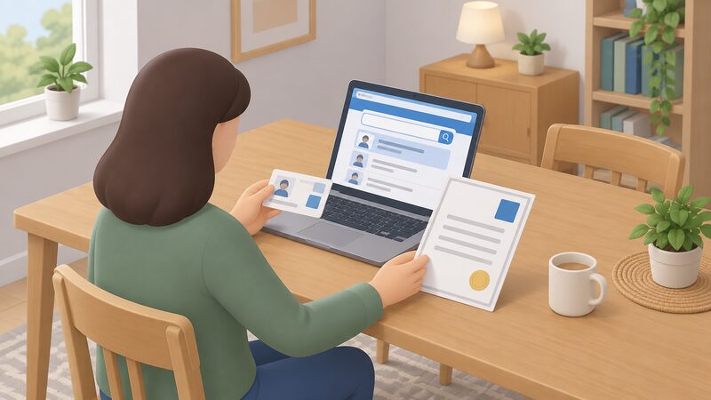 A householder at a table holds an electrician's ID card beside a scheme certificate while a laptop screen shows a register search page, the card and certificate shown as plain blocks and blank lines so the check reads as being made against the business.