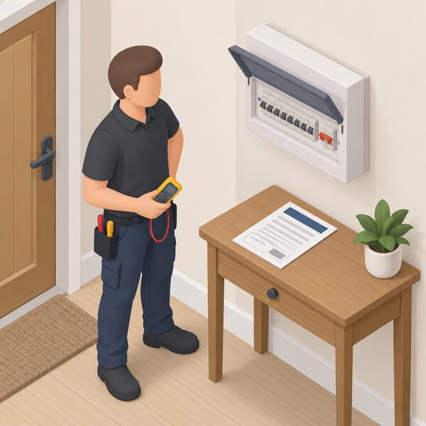 A printed Electrical Installation Certificate lying on a hall table beside a recently completed consumer unit, with a plain-clothed electrician's isometric figure standing nearby having just finished testing the installation.