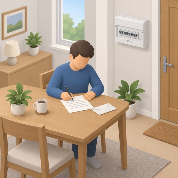 A householder seated at a table at home writing a formal complaint letter, with a completed electrical job such as a newly fitted consumer unit visible on the wall nearby, the letter addressed as a physical document with blank lines only.