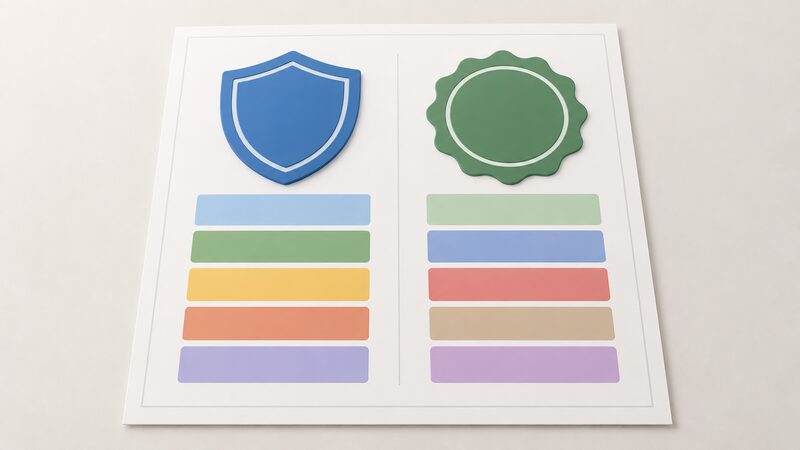 Two plain, unbranded certification badge shapes side by side on a printed guide page, each above a simple column of blank colour bands representing the trades its scheme covers, with no readable words or numbers anywhere.