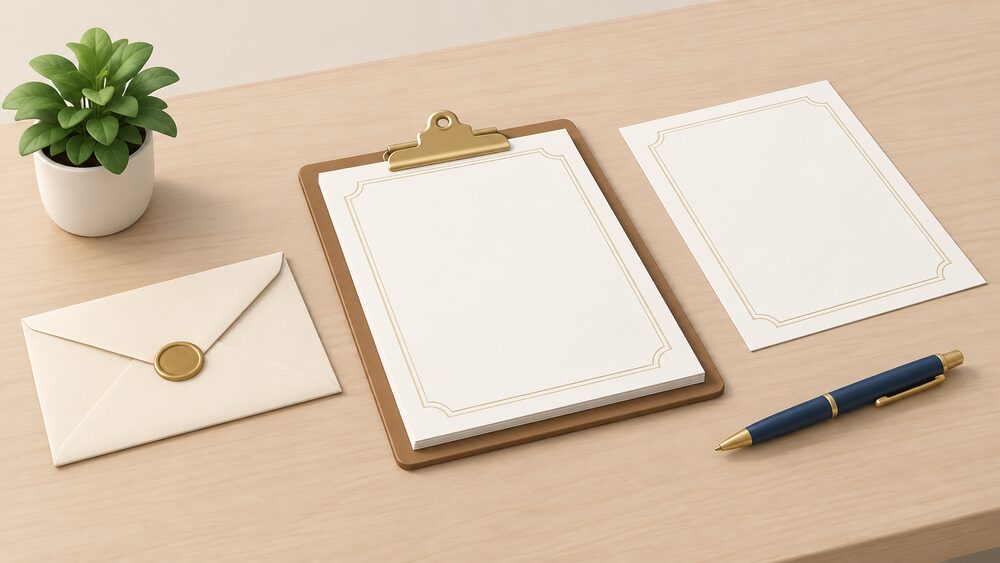 A small tabletop arrangement showing the moment of checking and receiving certification: a clipboard with blank certificate sheets, a loose blank certificate beside it, a pen, and a sealed envelope, all on a plain table surface.