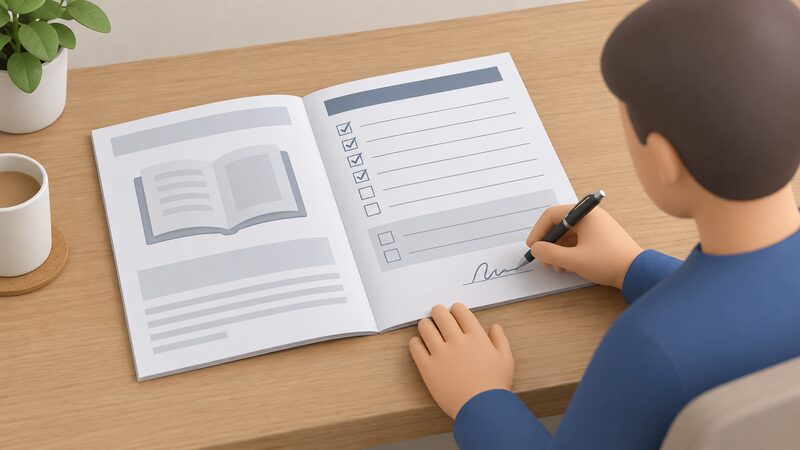 An open manufacturer's boiler installation manual lying on a table with its inside back pages showing the Benchmark commissioning checklist, some tick boxes and blank lines filled in, as a householder signs it with a pen.
