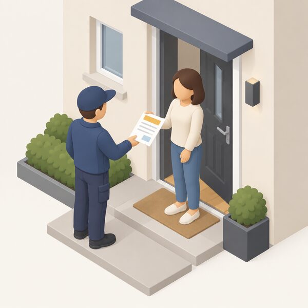 A simplified isometric installer in plain clothing handing a paper commissioning certificate with blank fill-in lines and plain colour blocks to a householder at the doorstep of a home, the document shown as a physical sheet with no readable words or numbers.